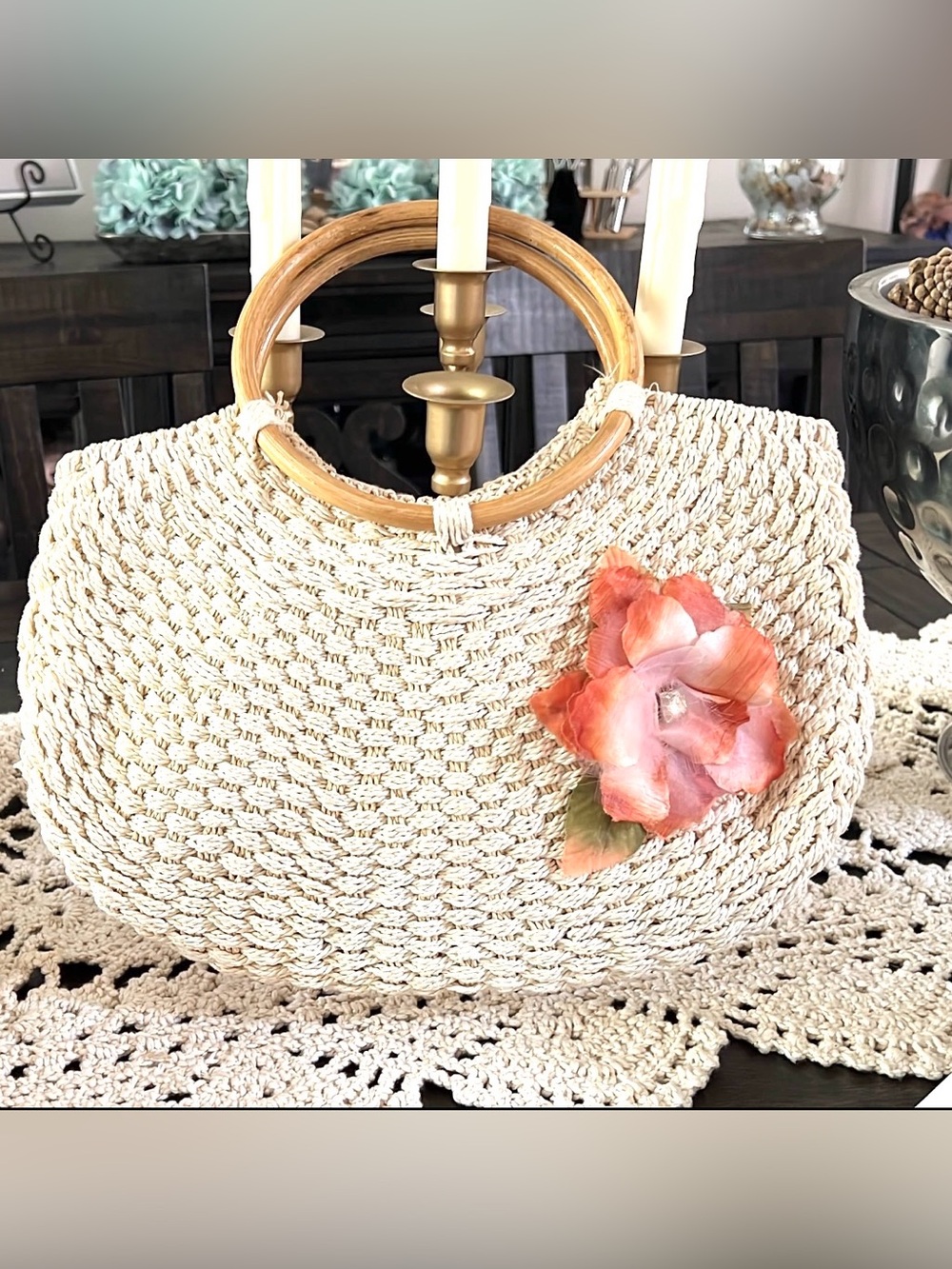 Woven Straw Tote Bag with Floral Accent - Cream.